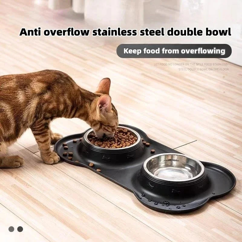 Stainless Steel Double Pet Bowl with Non-Slip Anti-Overflow Silicone Base - Cat Lovers Boutique