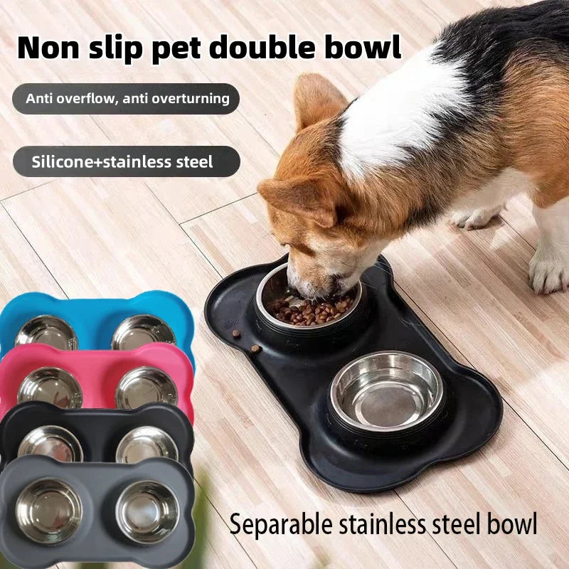 Stainless Steel Double Pet Bowl with Non-Slip Anti-Overflow Silicone Base - Cat Lovers Boutique
