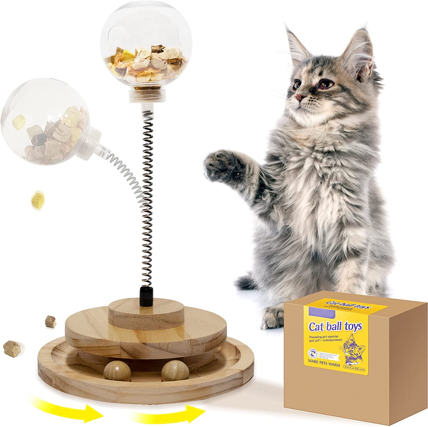 Cat Treats Dispenser Interactive Toy Spring Wooden Ball Track
