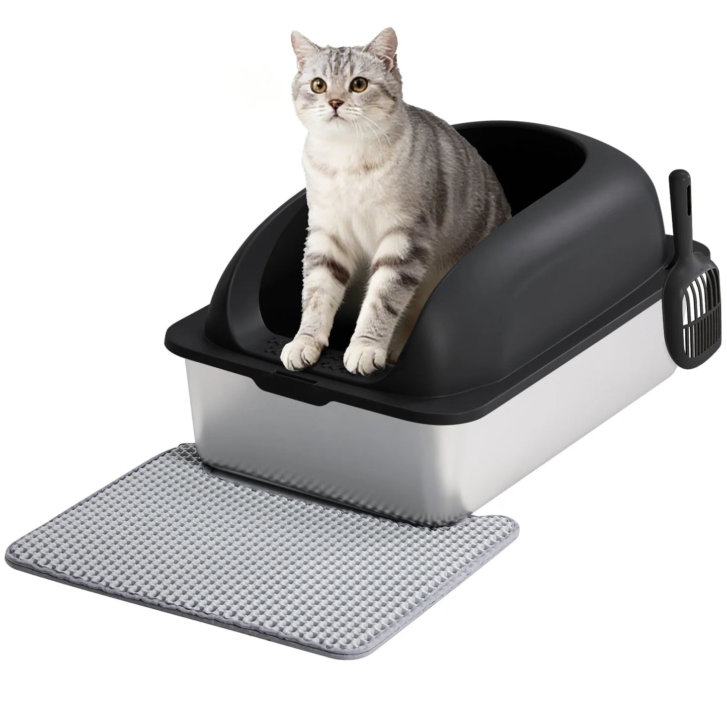 Stainless Steel Cat Litter Box with Lid, Scoop & Mat - Cat Lovers Boutique