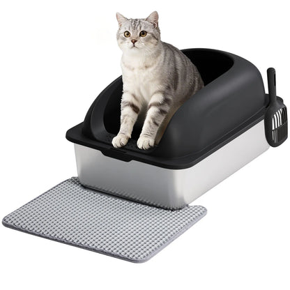 Stainless Steel Cat Litter Box with Lid, Scoop & Mat - Cat Lovers Boutique
