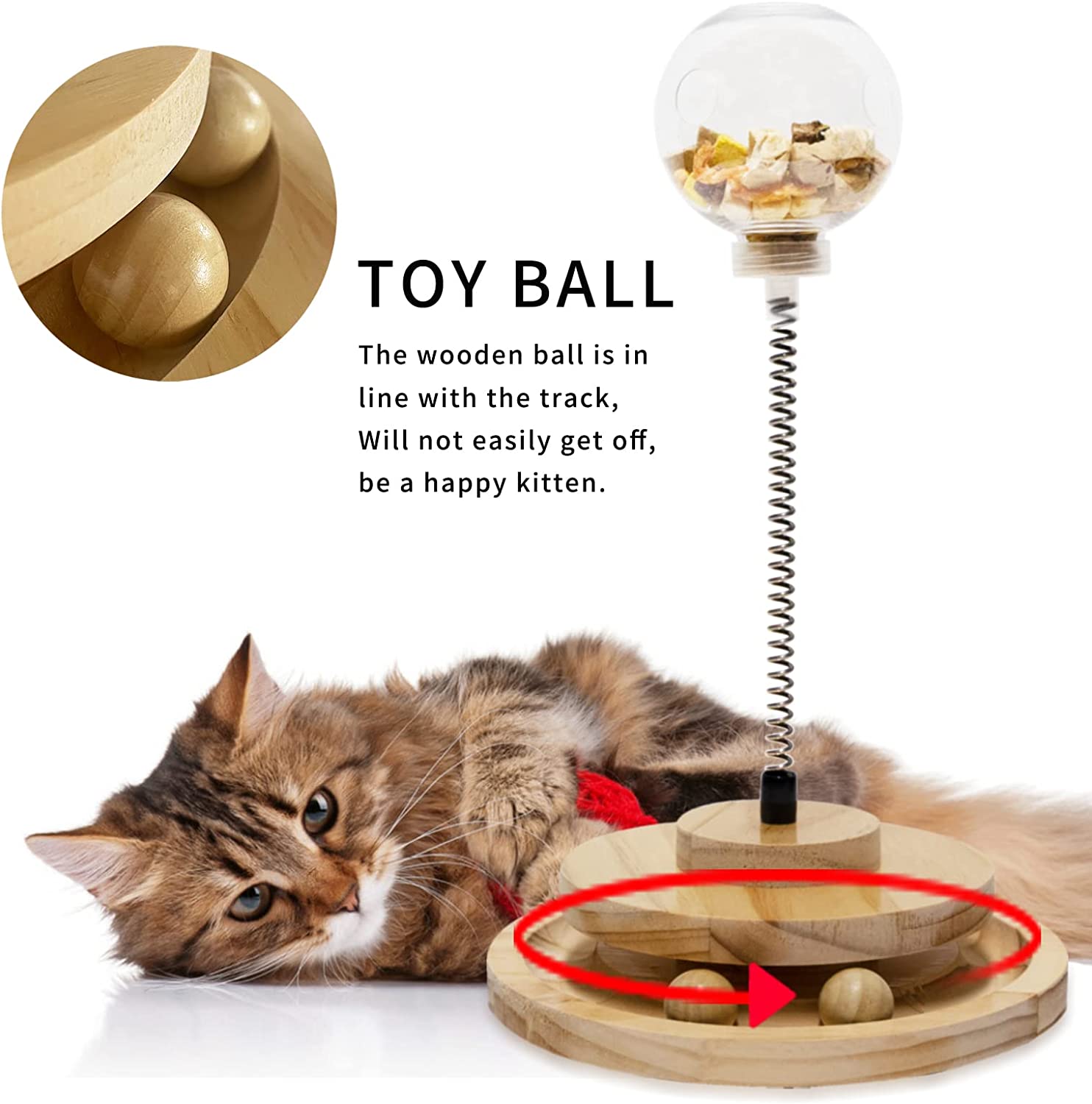VCEPJH Interactive Cat Toys for Indoor Cats Treat Dispenser with Feather  Slow Feeder Spring Toys Funny Wooden Ball Track Exercise and Play for  Kitten